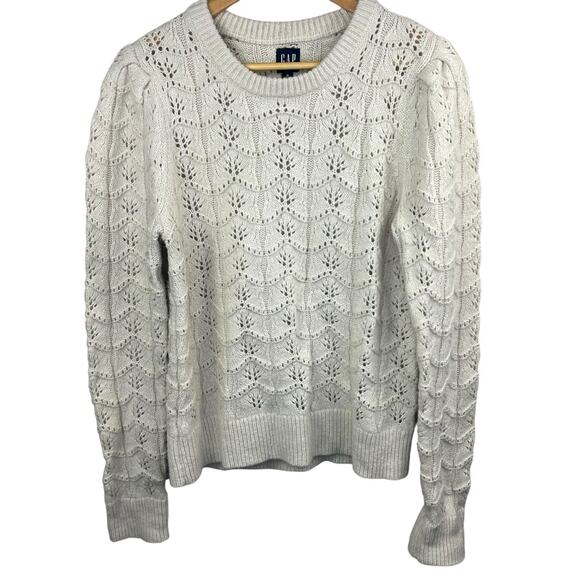 Gap Cream Ivory Pointelle Knit Sweater Sz M Tall Wool Blend Puff Sleeve - Picture 1 of 10